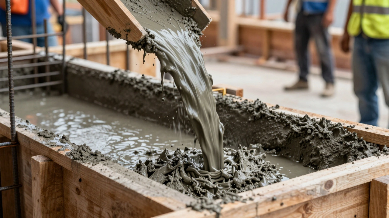 Заливка бетонной смеси в опалубку с арматурой