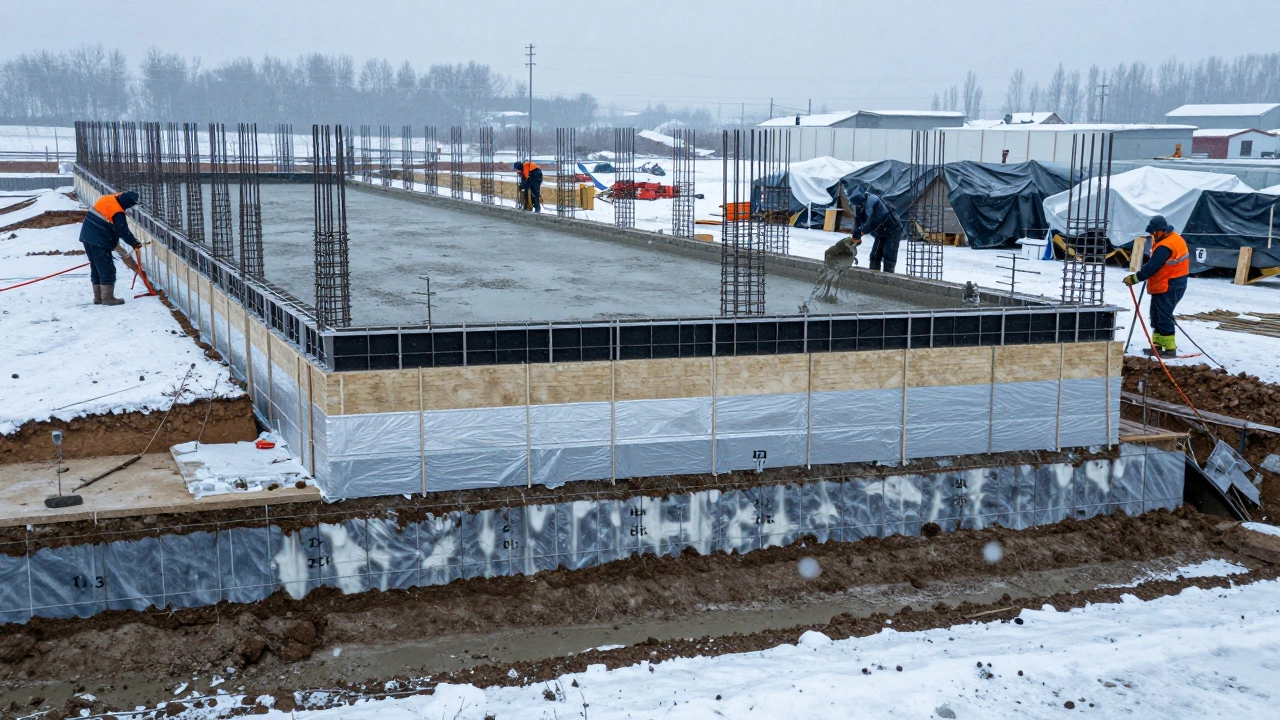 Заливка ленточного фундамента с армированием и утеплением на глубину ниже уровня промерзания грунта в Сибири.