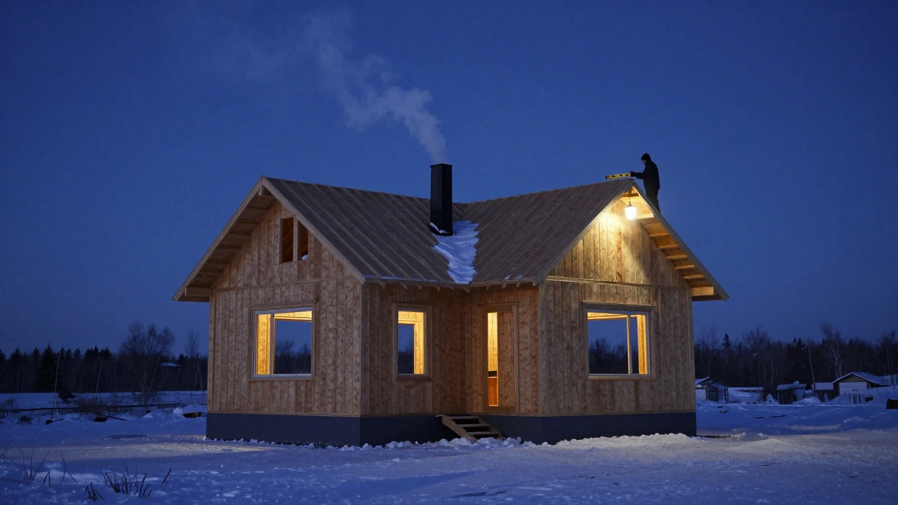 Завершенная коробка дома в снежной Сибири, с краном и фонарем на крыше в сумерках.