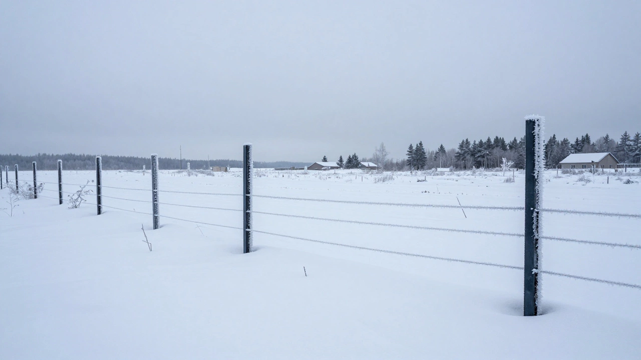 Зимний ландшафт Сибири со снегом и установленными столбами ограждения.