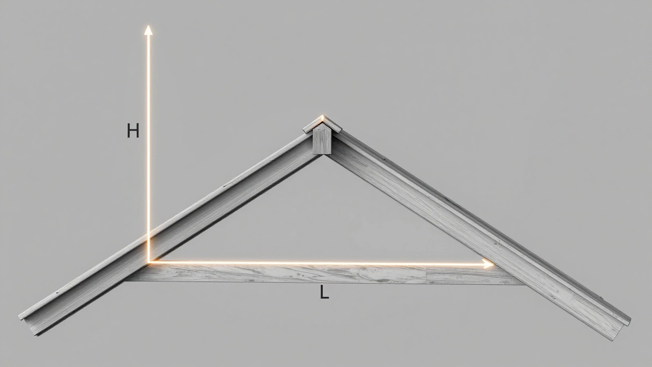 3D-схема расчета угла наклона крыши с обозначением высоты и проекции