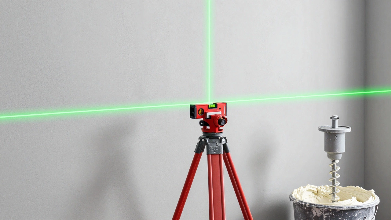 Лазерный уровень, проецирующий линии на выровненную стену рядом со строительным миксером