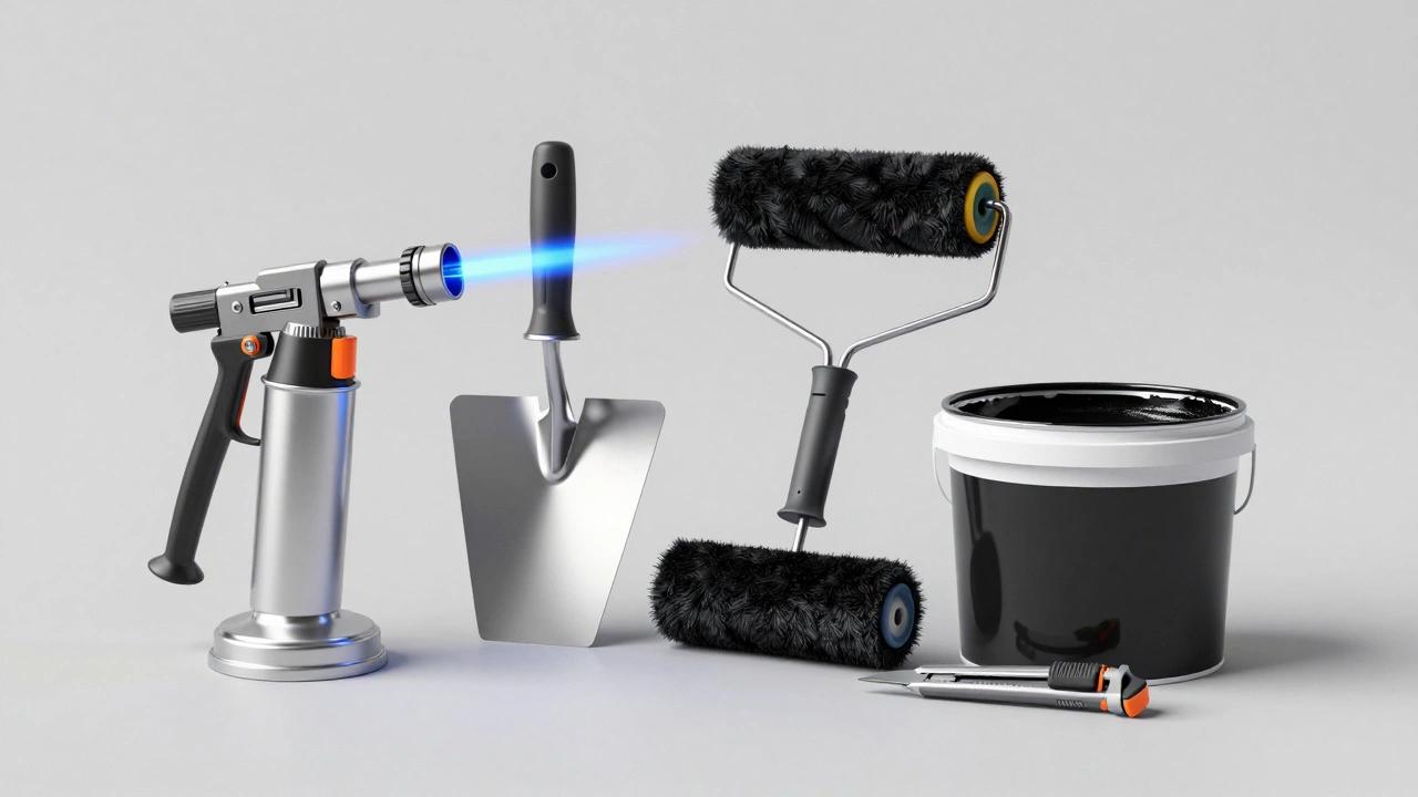 Набор инструментов для монтажа рубероида: горелка, шпатель и праймер