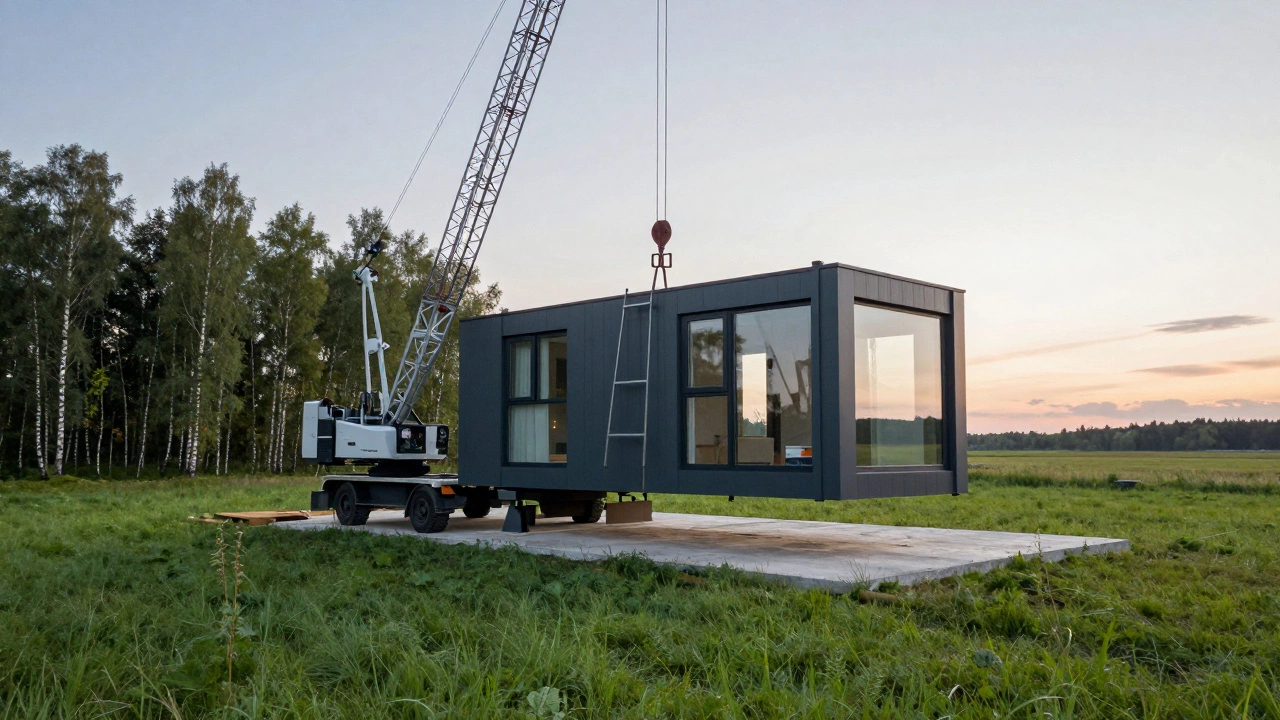 Процесс монтажа современного модульного дома с помощью крана на зеленом участке