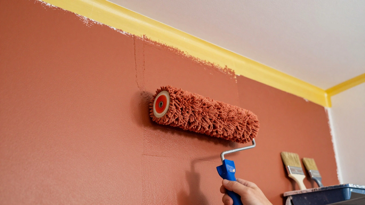 Процесс покраски стены валиком в терракотовый цвет с использованием малярного скотча