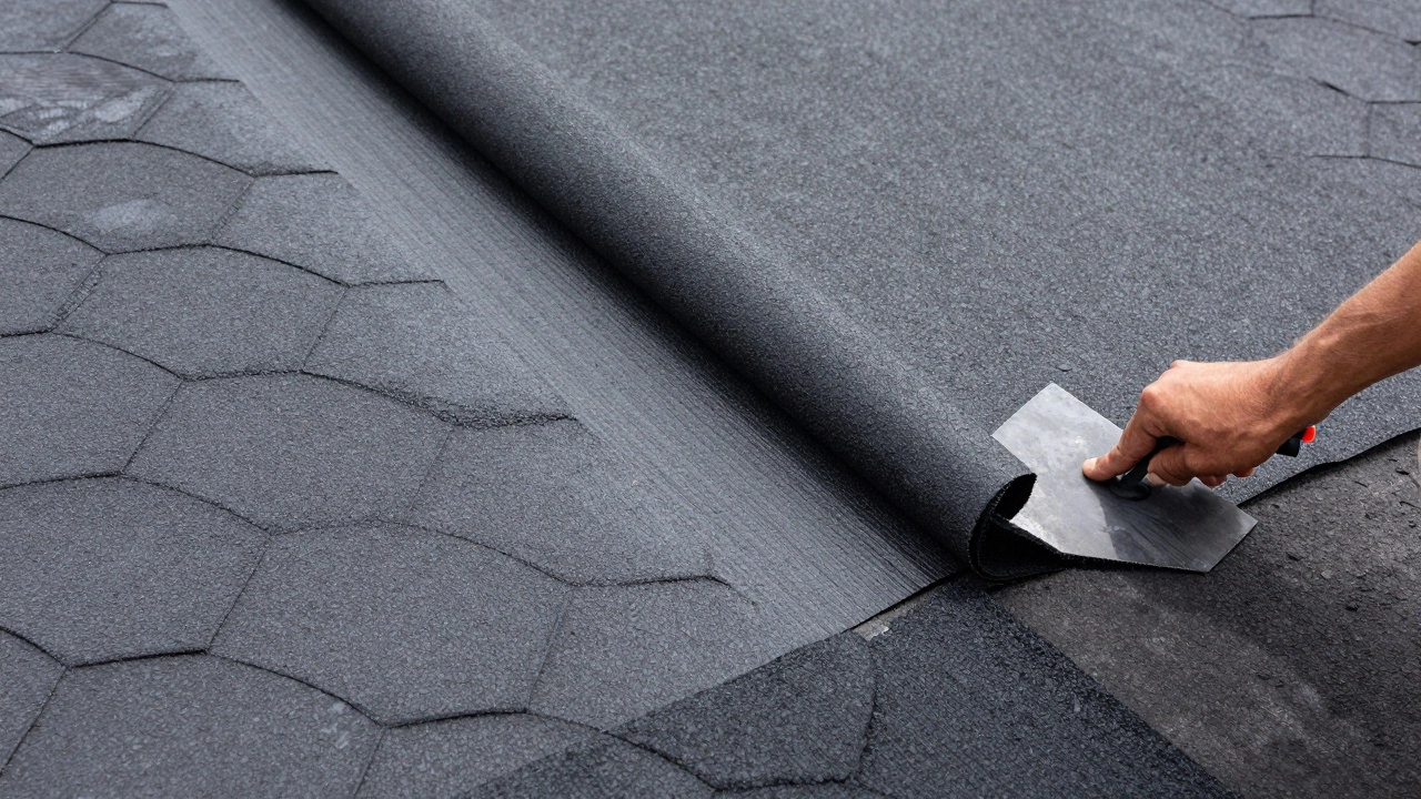 Процесс укладки рубероида с правильным нахлестом на плоской крыше