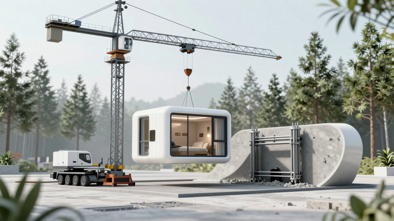 Процесс установки готового жилого модуля краном и работа 3D-принтера по печати дома