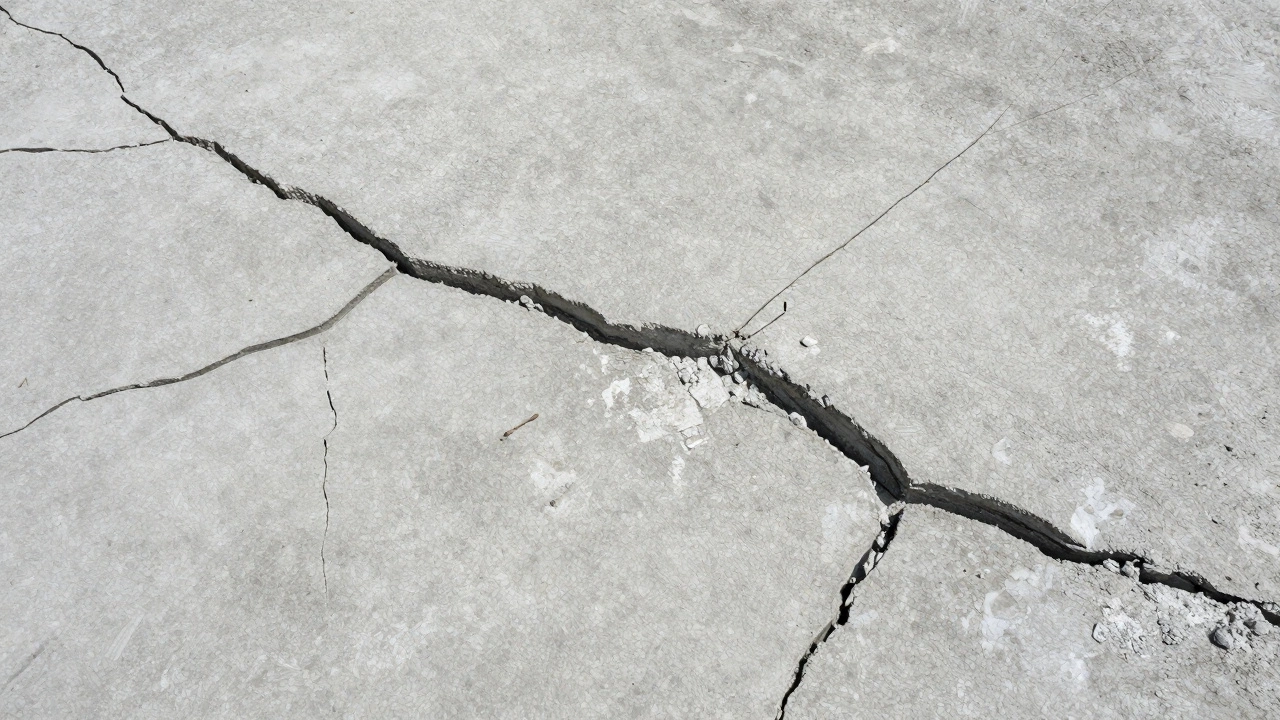 Сеть усадочных трещин на поверхности старого бетонного фундамента