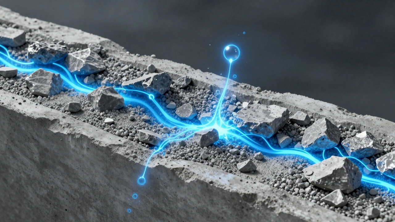 Схематичное изображение процесса гидратации и роста кристаллов в бетоне