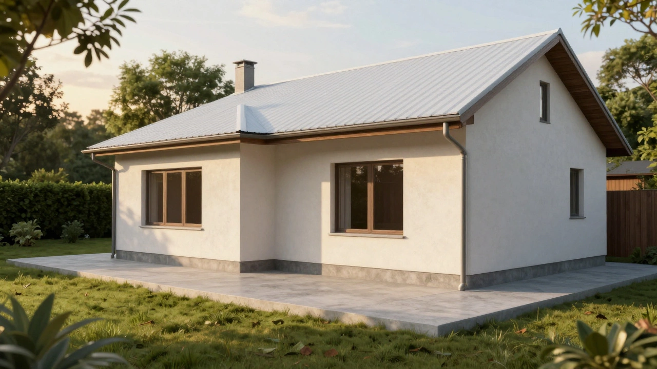 Современный долговечный дом с правильным водостоком и бетонной отмосткой вокруг основания