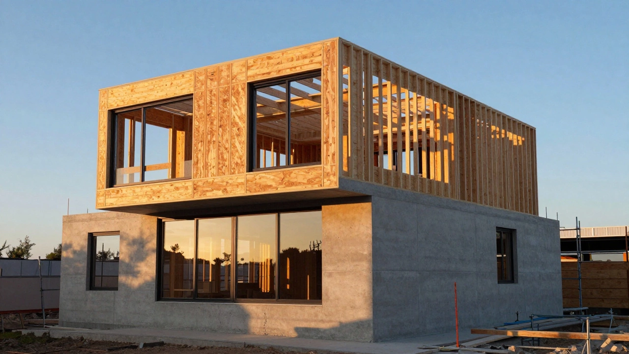 Современный дом с первым этажом из монолитного бетона и вторым из клееного бруса