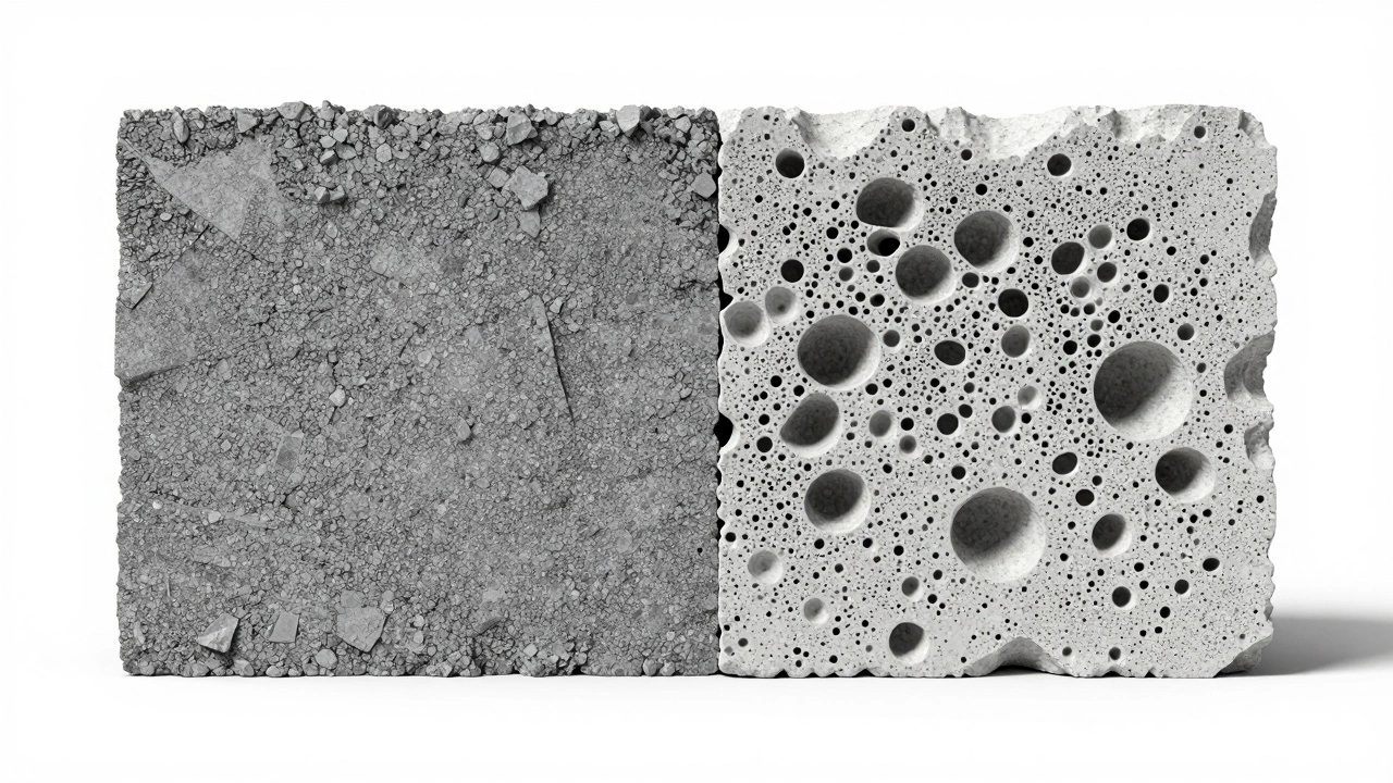 Сравнение плотной структуры качественного бетона и пористой структуры бетона с лишней водой