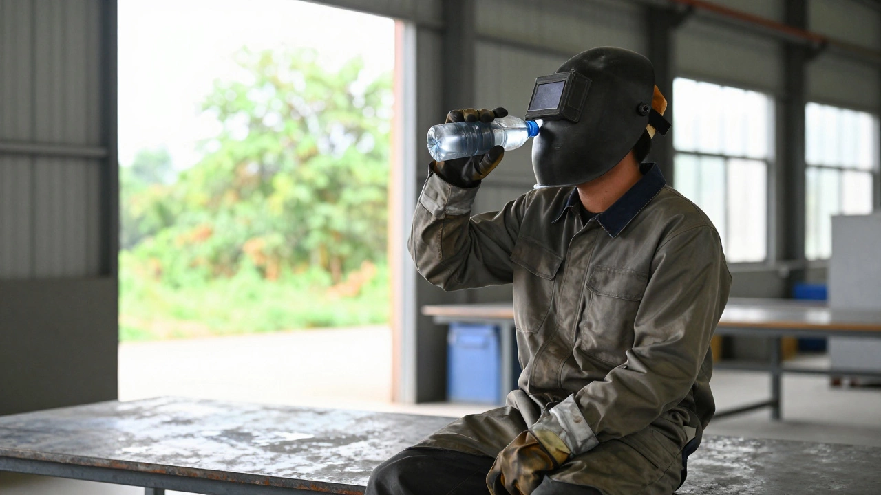 Сварщик отдыхает и пьет воду во время перерыва в работе