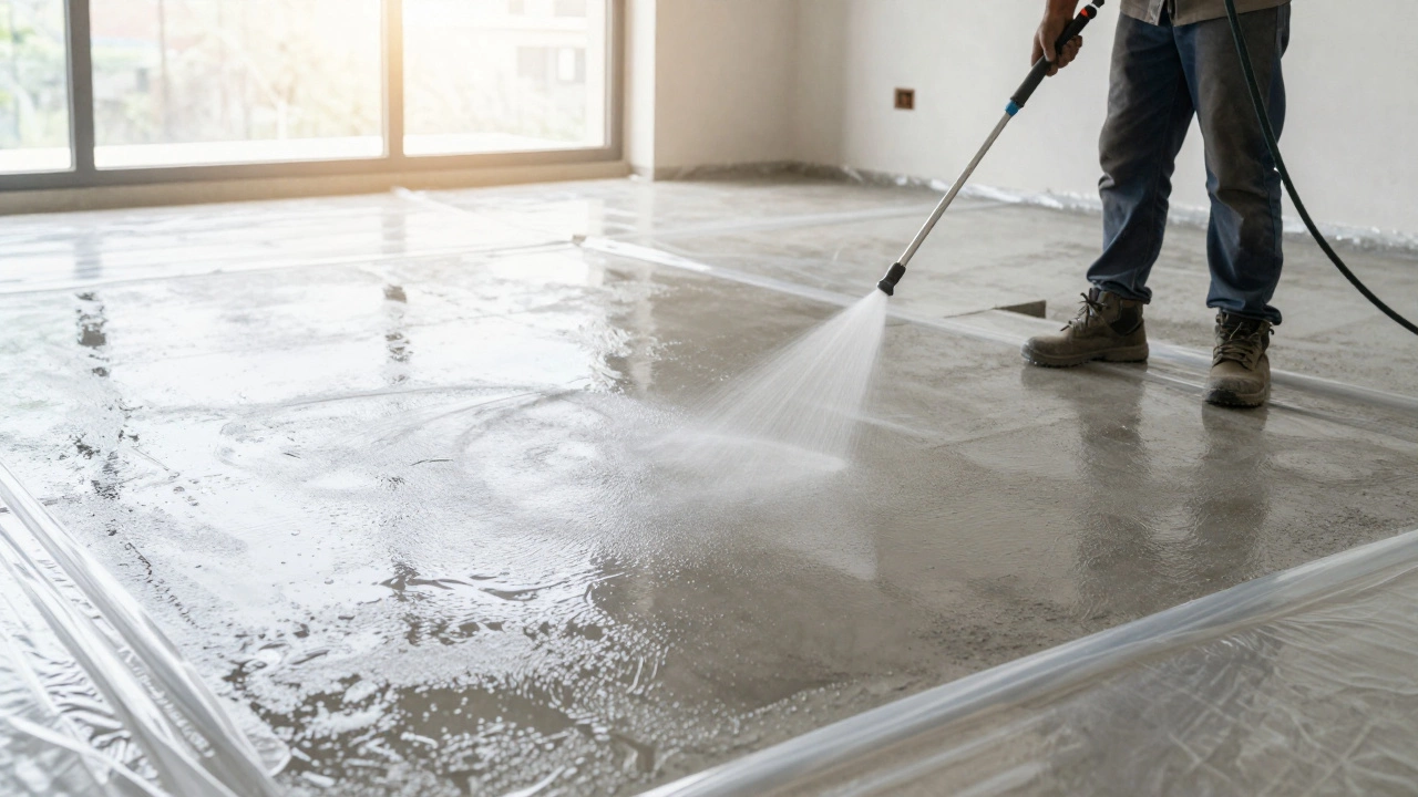 Уход за бетонной стяжкой: полив водой и накрытие полиэтиленовой пленкой