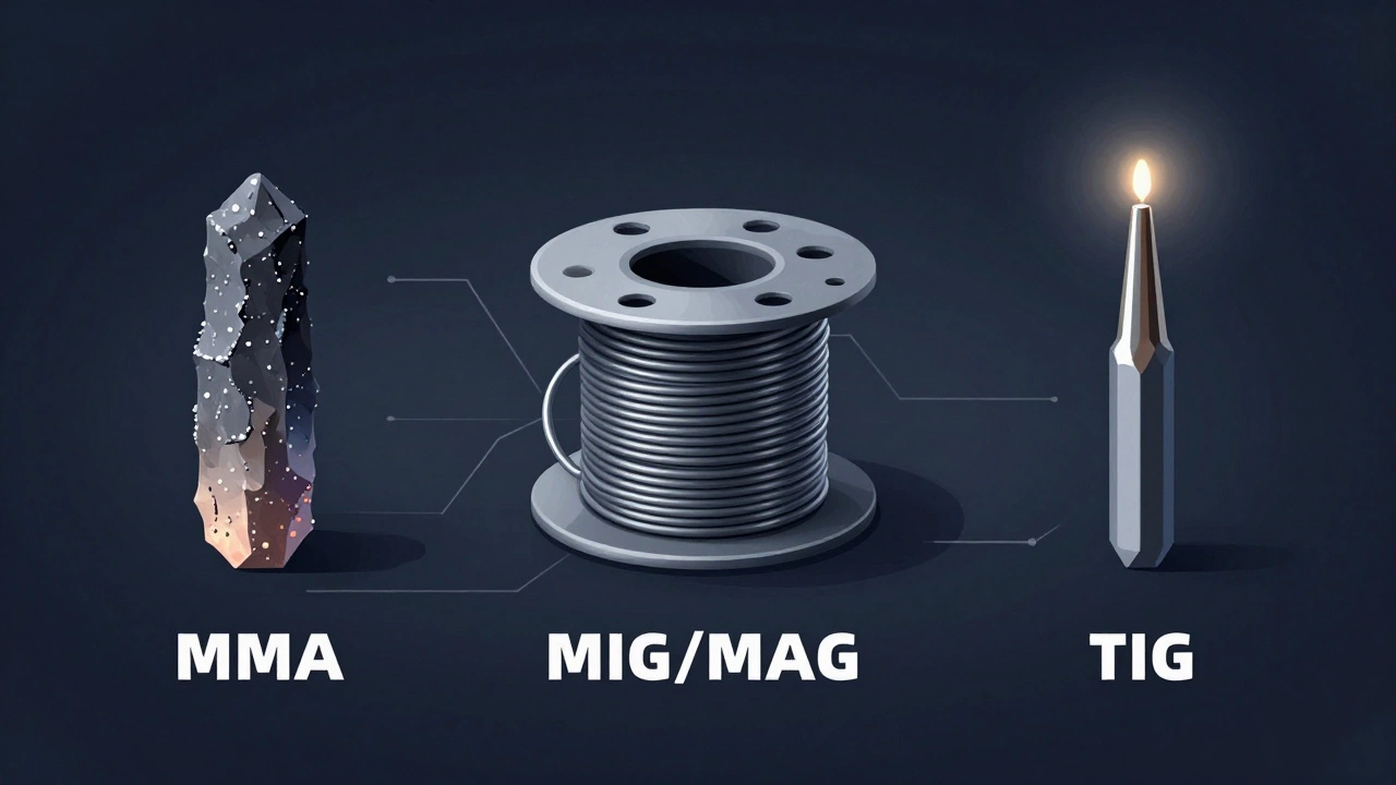 Концептуальное изображение трех методов сварки: MMA, MIG и TIG